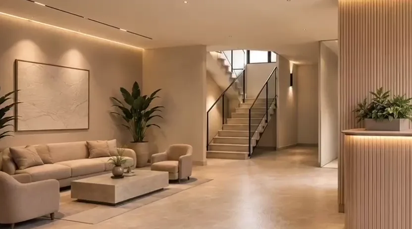 Architectural rendering of the future Beit Chabad entrance lobby, reception, and staircase